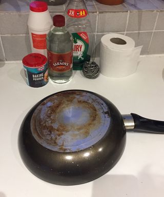 dirty frying pan and items for a cleaning hack