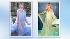 Florence Pugh sheer dress: Florence wears a blue sheer dress and a green sheer dress, in a blue, two-picture template