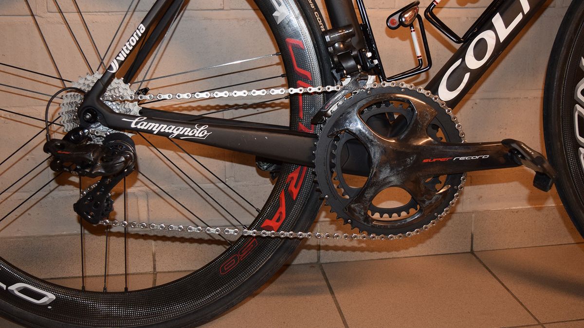 The Colnago is equipped with a full Campagnolo Super Record 12-speed EPS drivetrain