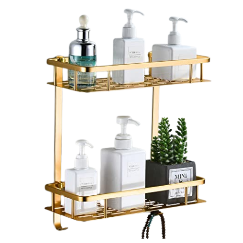 Bathroom Shelves No Drilling,square Shower Caddy Adhesive Wall Mounted Shelf for Bathroom Storage and Organisation Shower Racks Basket With Hooks (champagne Gold, Double Layer)