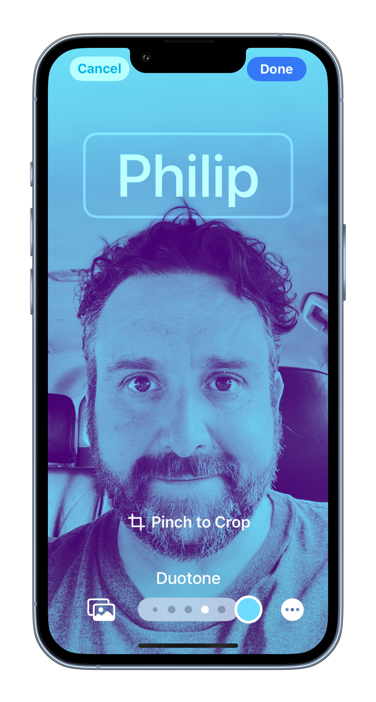 MockUPhone screenshots of the contact poster on iOS 17 showing my face with name and different color and filter options