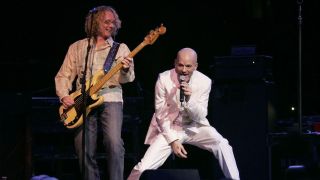 Mike Mills and Michael Stipe of REM during Bruce Springsteen and REM Vote For Change Concert Tour Kickoff in Philadelphia - October 1, 2004 at Wachovia Center in Philadelphia, Pennsylvania, United States.