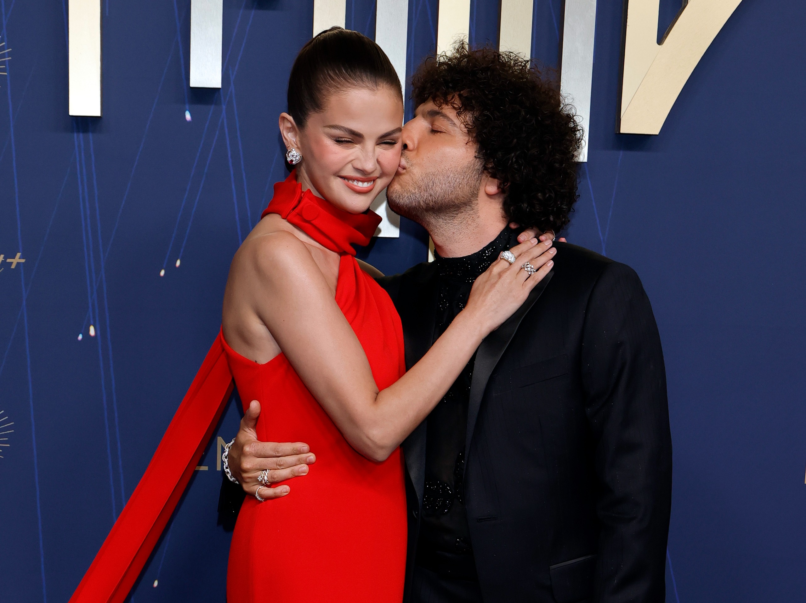 Selena Gomez and Benny Blanco attend the 77th Primetime Emmy Awards at Peacock Theater on September 14, 2025 in Los Angeles, California.