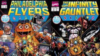 Philadelphia Flyers Infinity Gauntlet poster and cover of Infinity Gaunlet #1