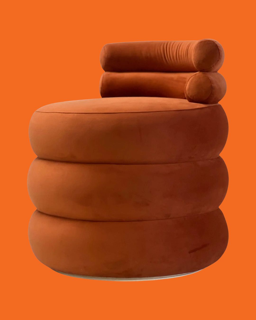 Compact Sculptural Velvet Orange Round Seat by Spinzi Milano against orange background.