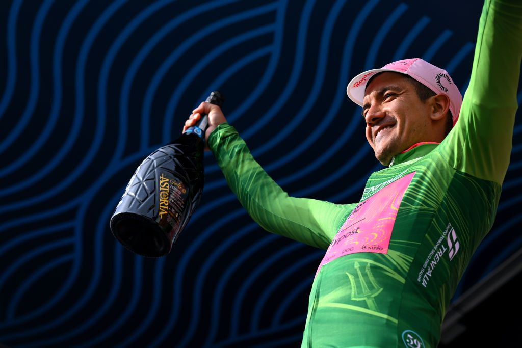 GUALDO TADINO ITALY MARCH 06 Richard Carapaz of Ecuador and Team EF EducationEasypost celebrates at podium as Green Mountain Jersey winner during the 59th TirrenoAdriatico 2024 Stage 3 a 225km stage from Volterra to Gualdo Tadino 527m UCIWT on March 06 2024 in Gualdo Tadino Italy Photo by Tim de WaeleGetty Images