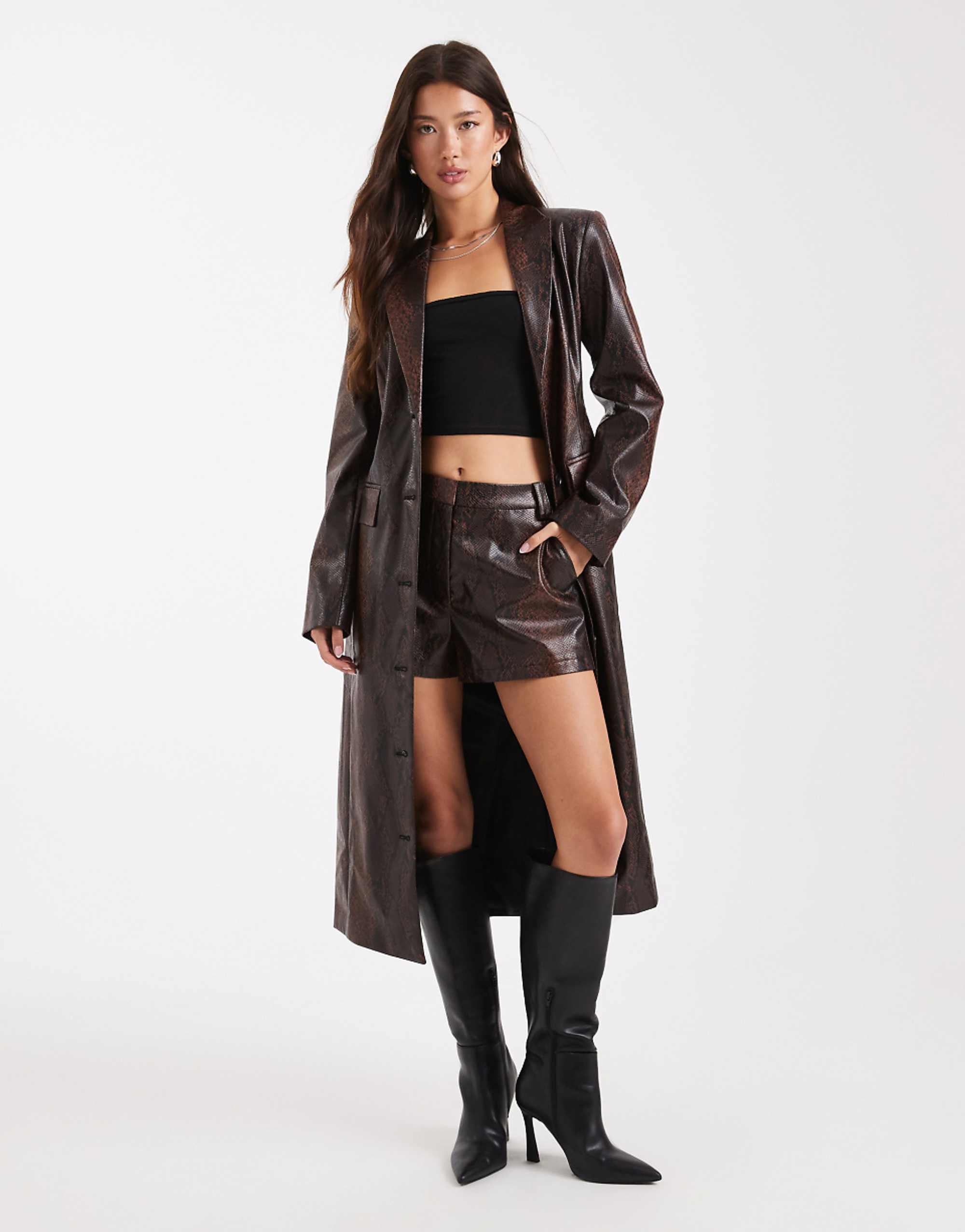 Asos Design Tailored Longline Faux Leather Blazer Co-Ord in Brown Snake