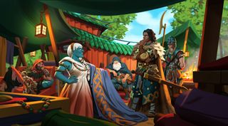 Two characters talk to each other in some Valheim concept art.