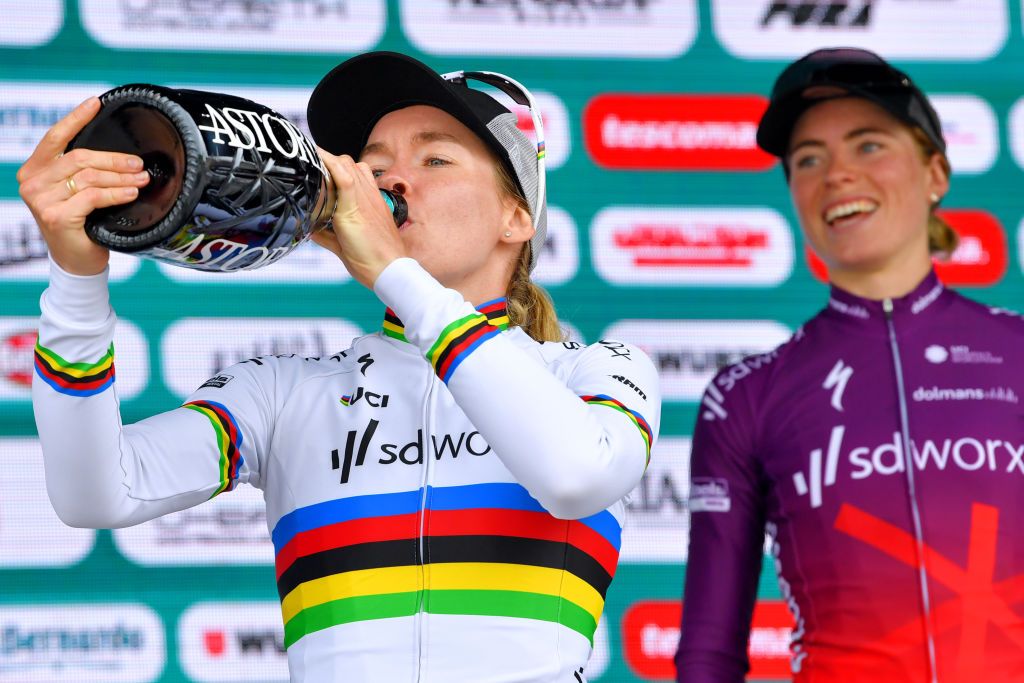 PRATO NEVOSO ITALY JULY 03 Anna Van Der Breggen of Netherlands and Team SD Worx stage winner celebrates at podium during the 32nd Giro dItalia Internazionale Femminile 2021 Stage 2 a 1001km stage from Boves to Prato Nevoso Colle del Prel 1607m Champagne GiroDonne UCIWWT on July 03 2021 in Prato Nevoso Italy Photo by Luc ClaessenGetty Images