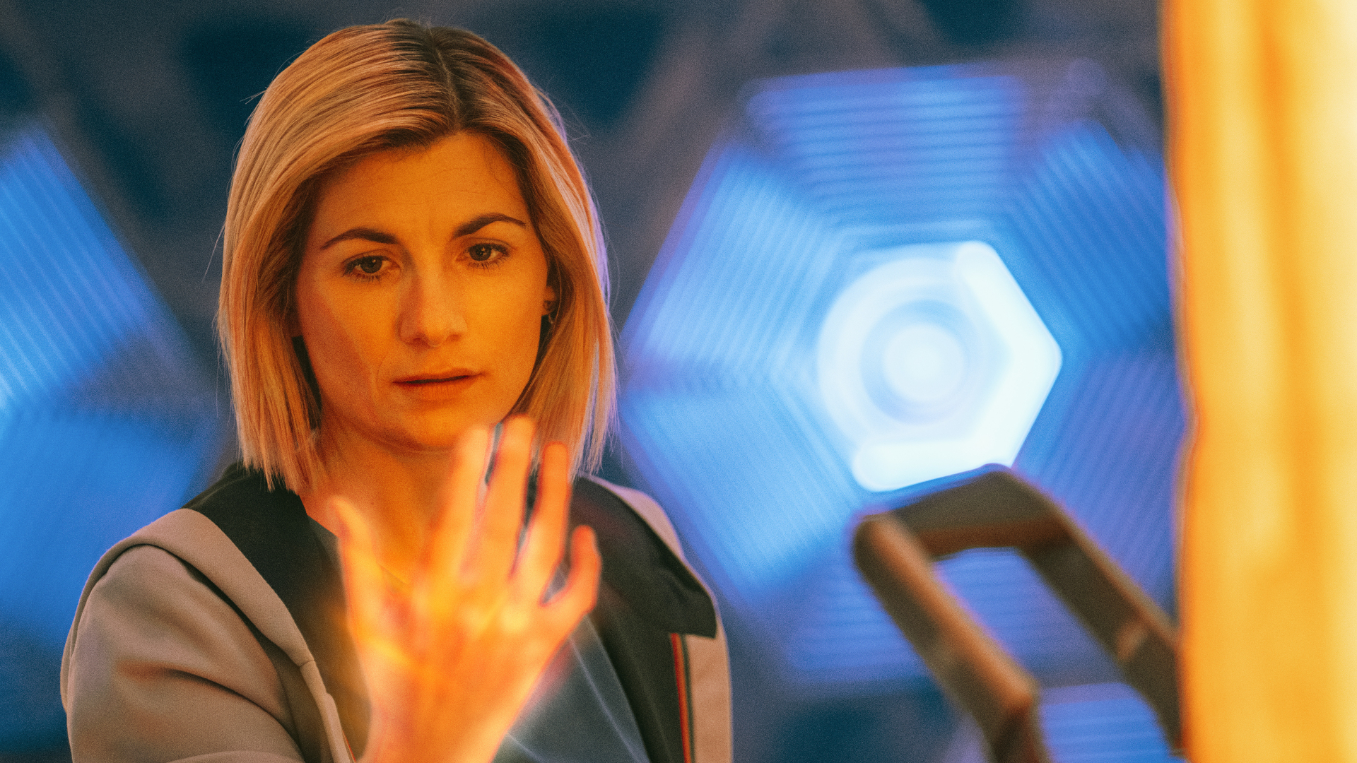Jodie Whittaker begins regenerating in Doctor Who.
