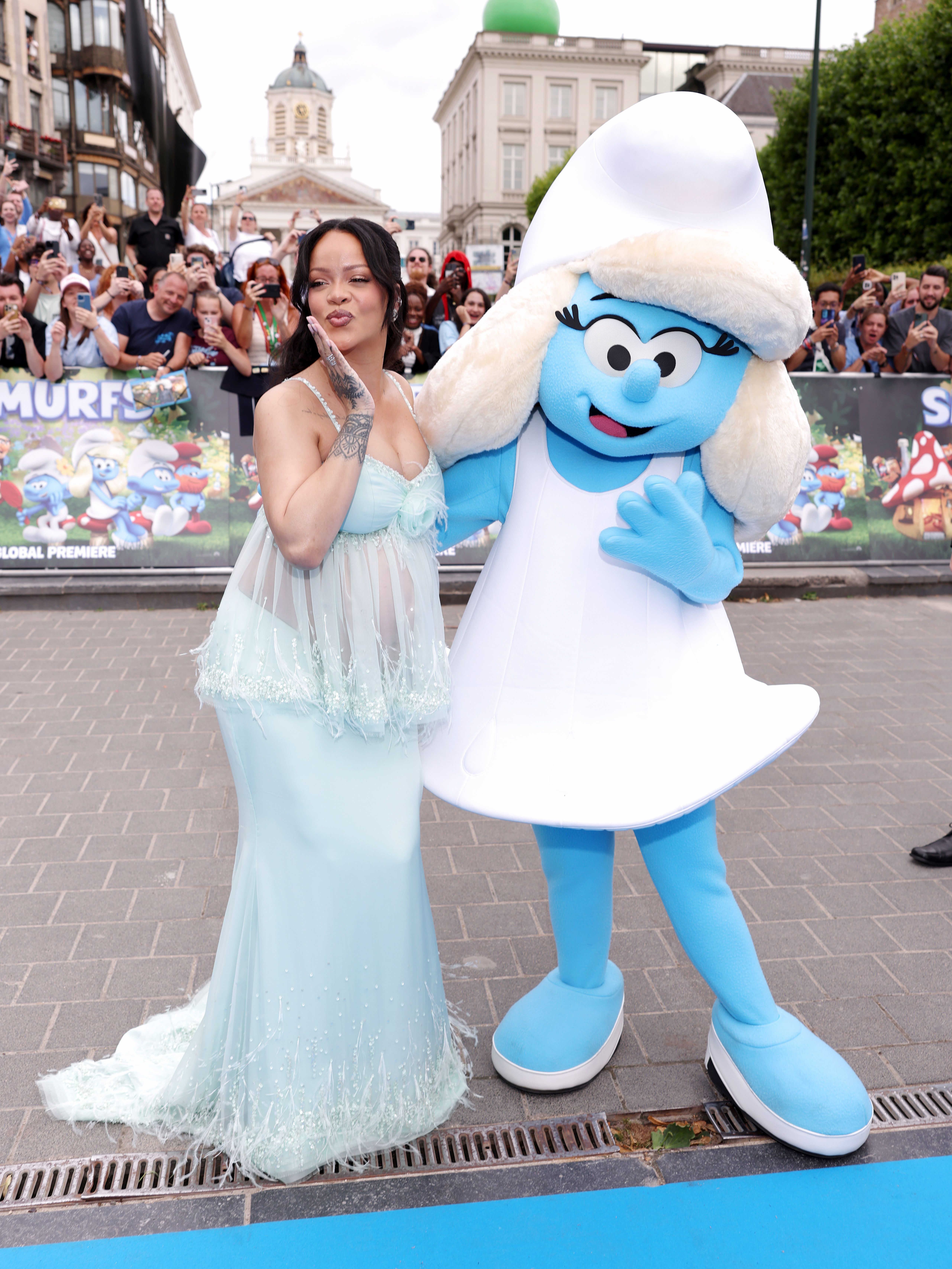 Rihanna in a sheer custom Chanel set for the Smurfs movie premiere in Belgium