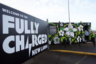 A general view of a sign outside the ground welcoming fans at The Fully Charged New Lawn