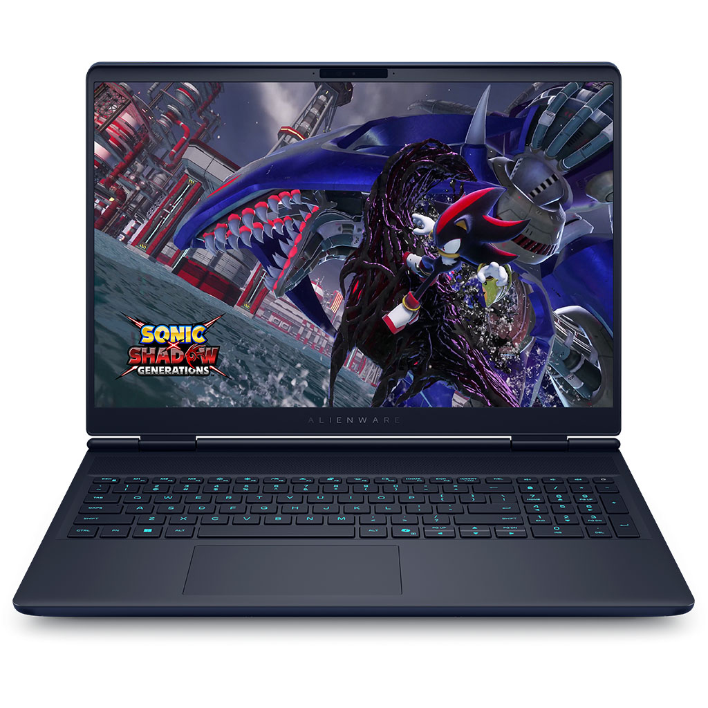 Alienware 16X Aurora Gaming Laptop on white background with Sonic Shadow Generations on screen