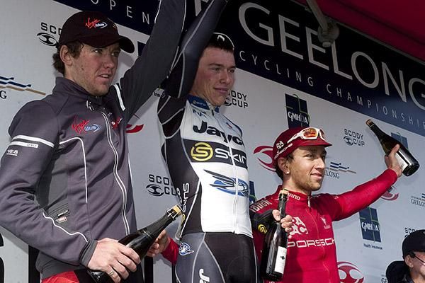The stage three podium (l-r): Cameron Peterson (2nd,Virgin Blue/RBS Morgans), Patrick Lane (1st,Team Jayco Skins), and Joseph Lewis (3rd,Drapac Porsche).