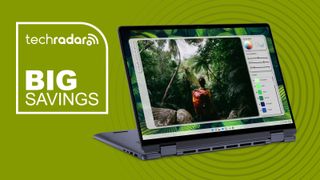 The Dell Inspiron 16 2-in-1 laptop on a green background with the text 'BIG SAVINGS'.