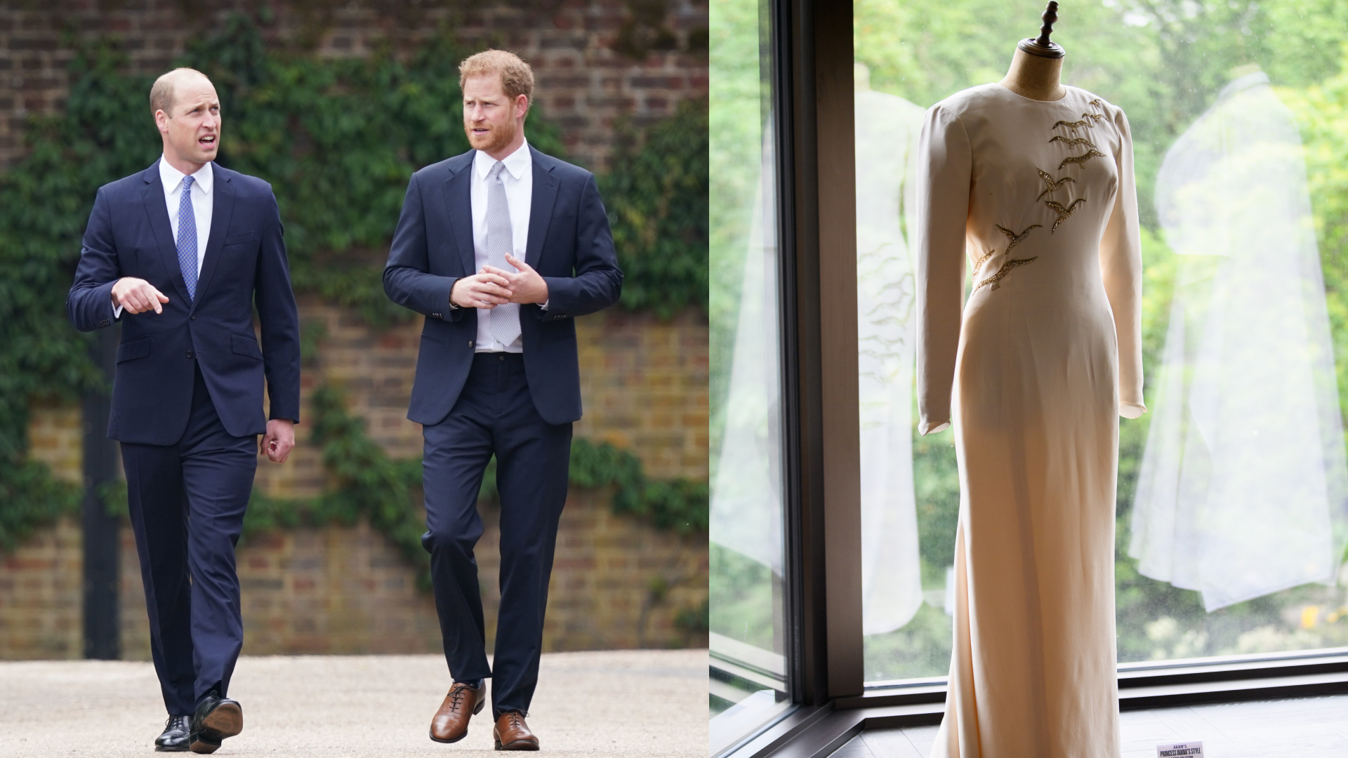 Prince Harry and Prince William walking next to each other in blue suits next to a photo of Princess Diana's white Catherine Walker gown on a mannequin