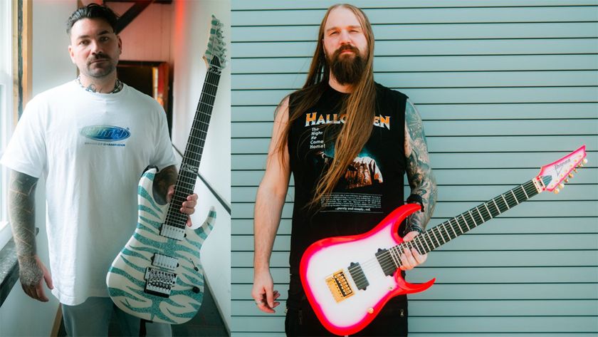 Lorna Shore’s Andrew O’Connor and Adam De Micco with their new Ibanez custom guitars