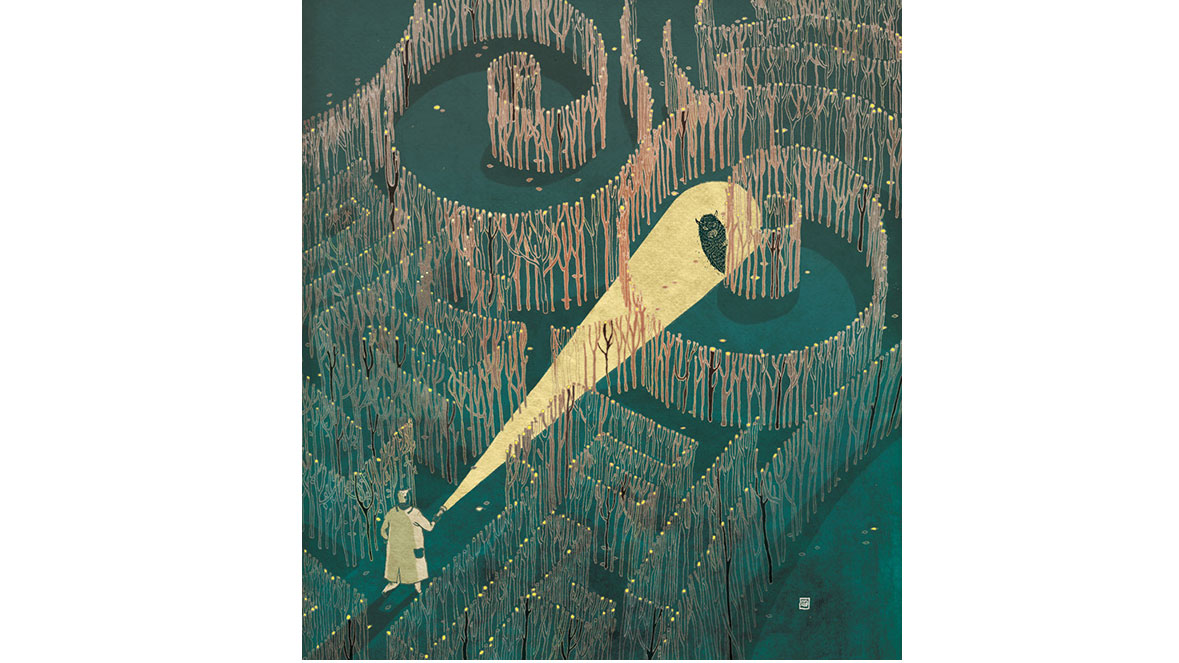image of a detective looking through a maze