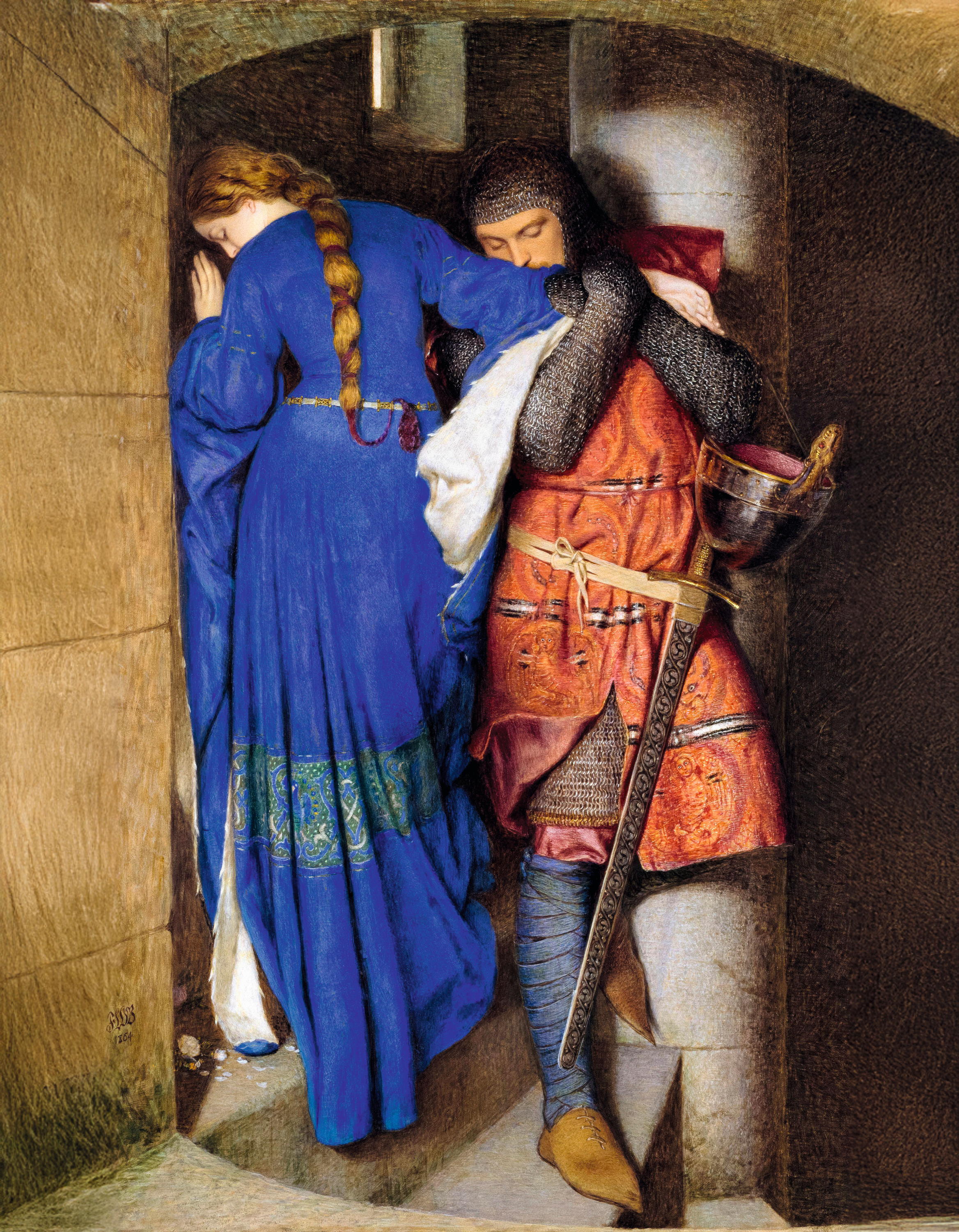Sir Frederic William Burton, Hellelil and Hildebrand, the Meeting on the Turret Stairs, painting in watercolour and gouache, 1864.