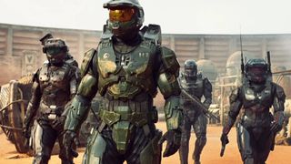 Master Chief, in armor, surrounded by other Spartans in the Halo TV show trailer