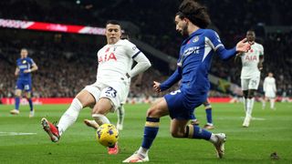 Pedro Porro (left) and Marc Cucurella do battle in the last Spurs vs Chelsea Premier League match in 2023.