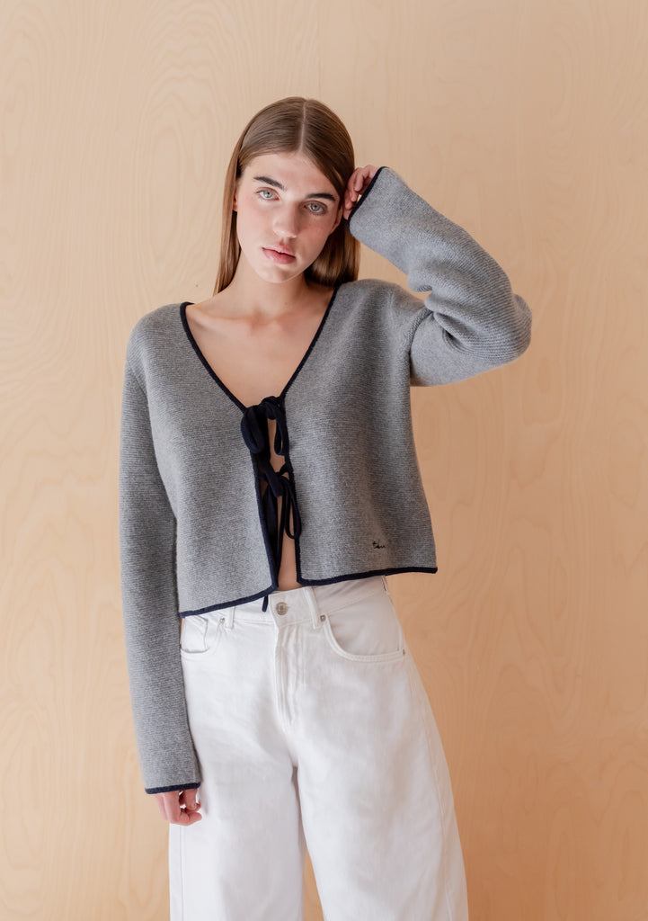 Merino Wool Tie Cardigan in Grey