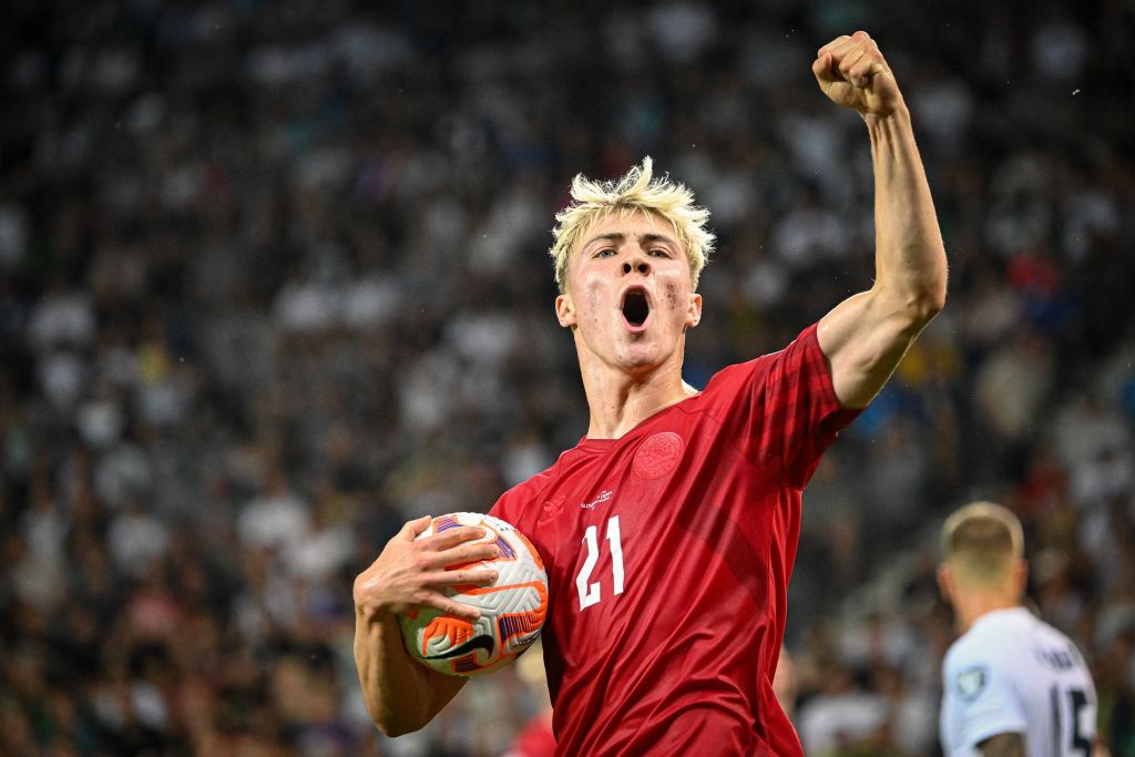Denmark's forward Rasmus Hojlund celebrates after scoring a goal during Group H Euro 2024 Qualifying match between Slovenia and Denmark at the Stozice Stadium in Ljubljana, Slovenia on June 19, 2023.