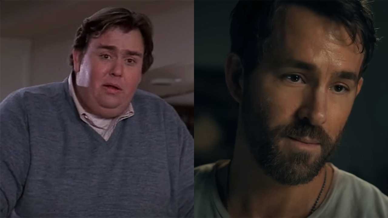 Ryan Reynolds looking at the camera with a serious face in The Adam Project and John Candy doing the same in Uncle Buck.