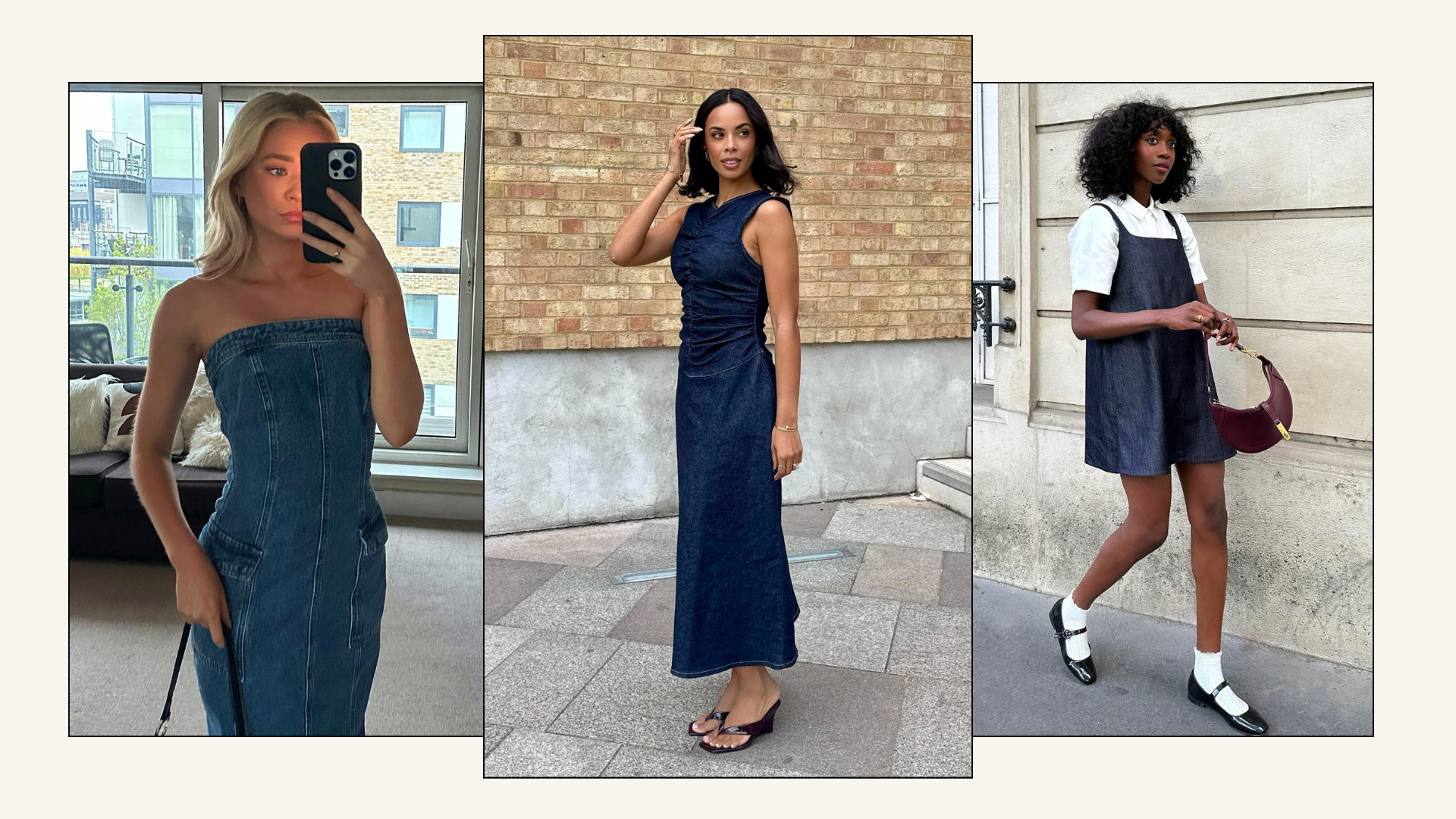 A selection of fashion people wearing the denim dress trend.