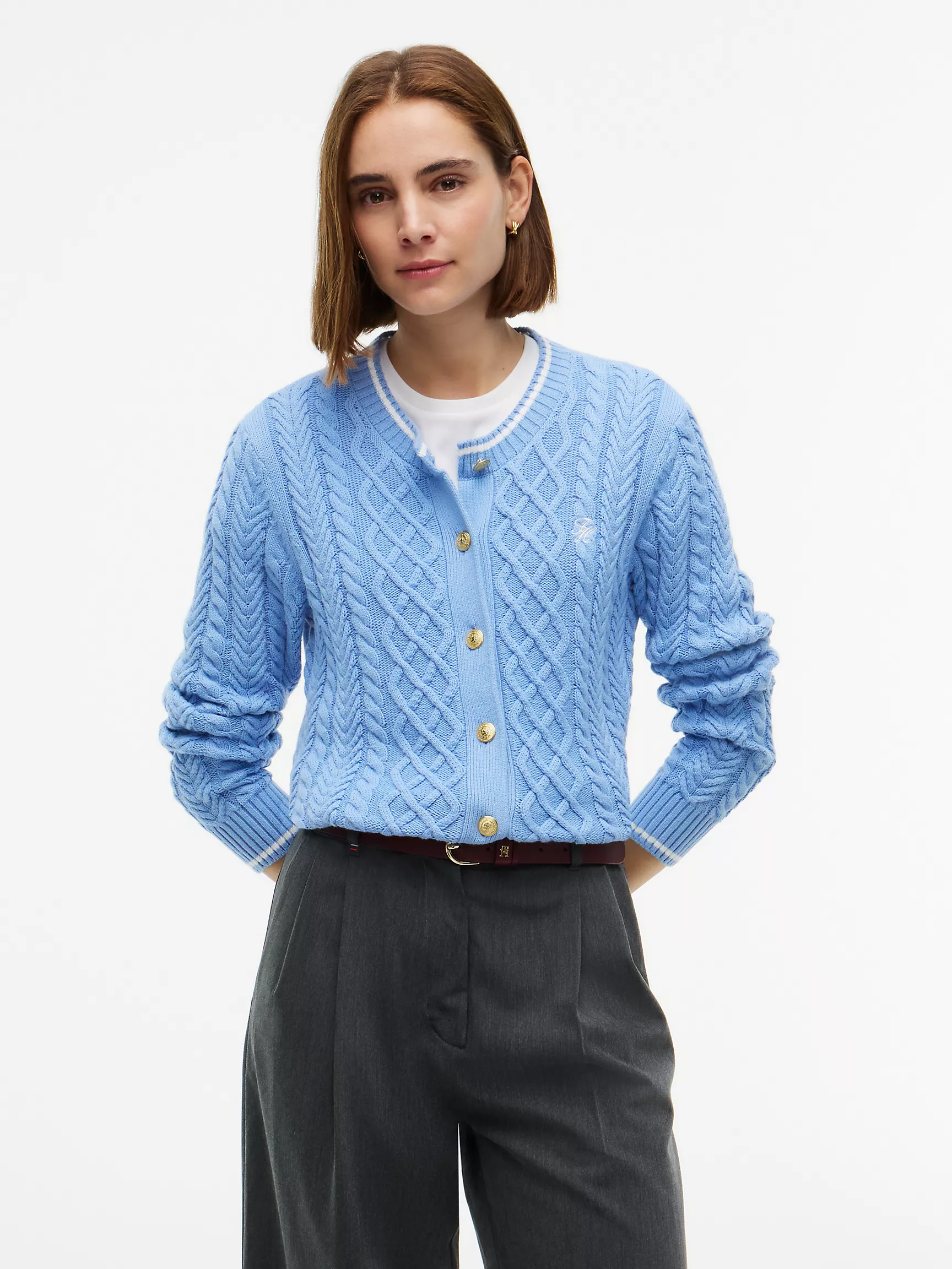 Tommy Hilfiger, Gold-Button Mixed-Knit Tipped Cardigan