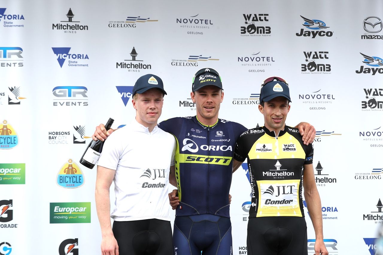 Matt Gibson, Michael Hepburn (Orica-Scott), and Ian Bibby on the podium