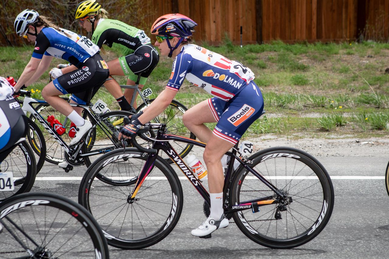 Megan Guarnier (Boeles Dolman) rides in the bunch before taking the win today
