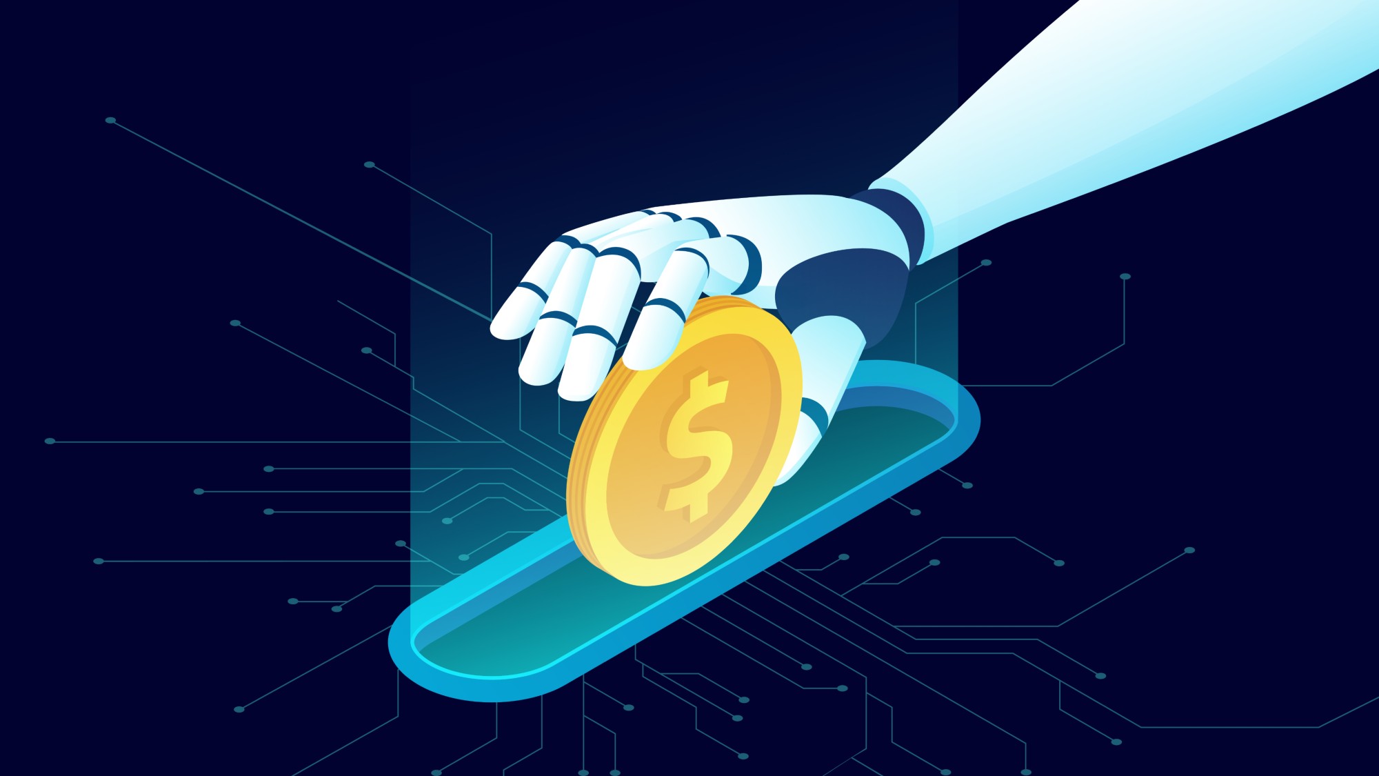 Illustrated robot arm putting a gold coin into a slot