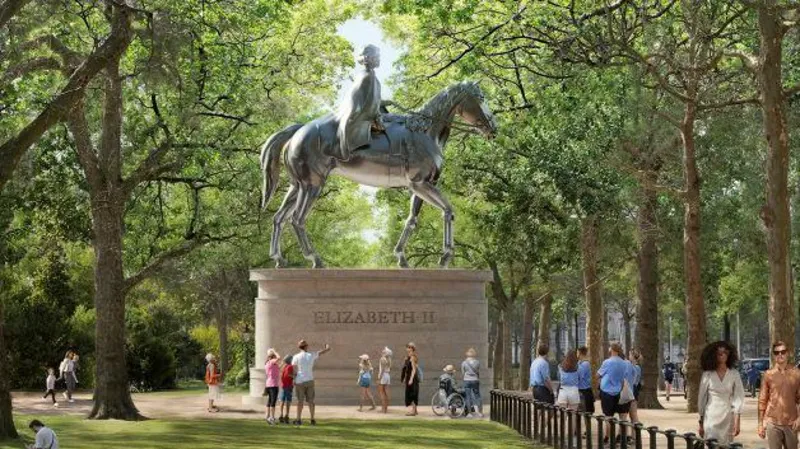 A drawing of a Queen Elizabeth statue riding a horse with tourists around it