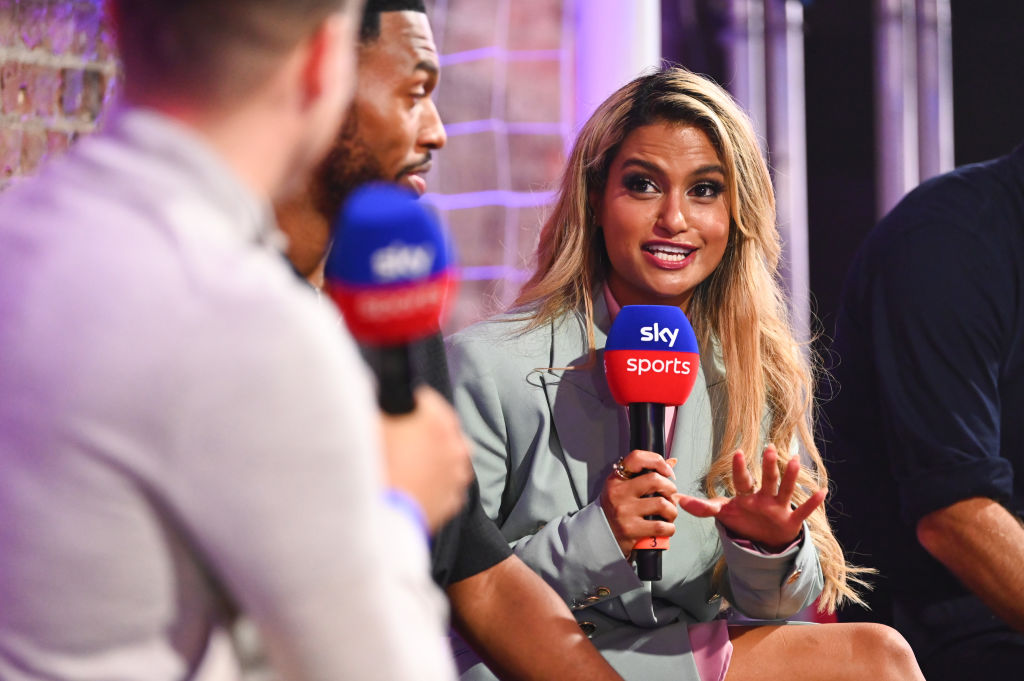 Daniel Sturridge and Melissa Reddy speak on stage during the Sky Sports Opening Night party of the 23/24 Premier League season, at Village Underground on August 11, 2023 in London, England.