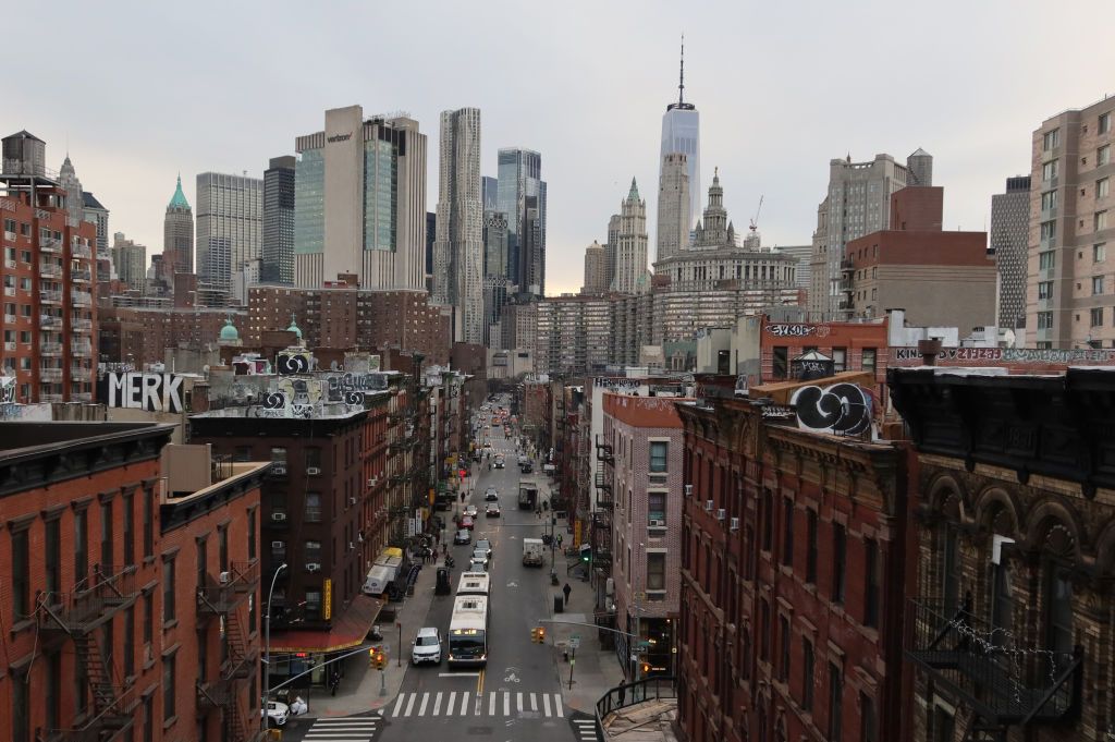 An MTA bus drives through Chinatown in New York City