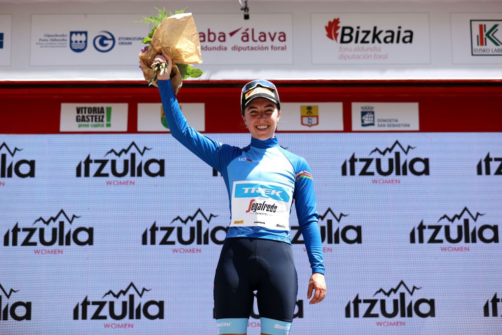 SAN SEBASTIAN SPAIN MAY 15 Shirin Van Anrooij of Netherlands and Team Trek Segafredo Blue Best Young UCI Rider Jersey during the team presentation prior to the 1st Itzulia Women 2022 Stage 3 a 1398km stage from DonostiaSan Sebastin to DonostiaSan Sebastin ItzuliaWomen UCIWWT on May 15 2022 in San Sebastian Spain Photo by Gonzalo Arroyo MorenoGetty Images