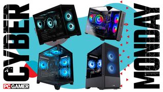 Four gaming PCs on a Cyber Monday background.
