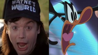 Mike Myers screaming in Wayne's World, pictured next to Daffy Duck screaming in The Day the Earth Blew Up: A Looney Tunes Movie.