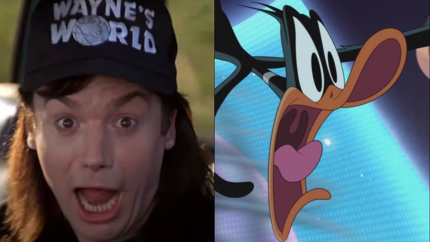 Mike Myers screaming in Wayne&#039;s World, pictured next to Daffy Duck screaming in The Day the Earth Blew Up: A Looney Tunes Movie.