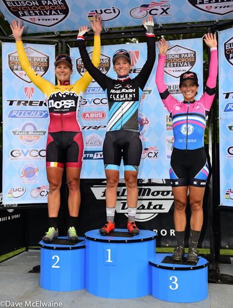 Women&rsquo;s podium (L to R) Meredith Miller (Noosa Pro Team) 2nd, Caroline Mani (Raleigh Clement) 1st,Courtenay McFadden (GE Capital) 3rd