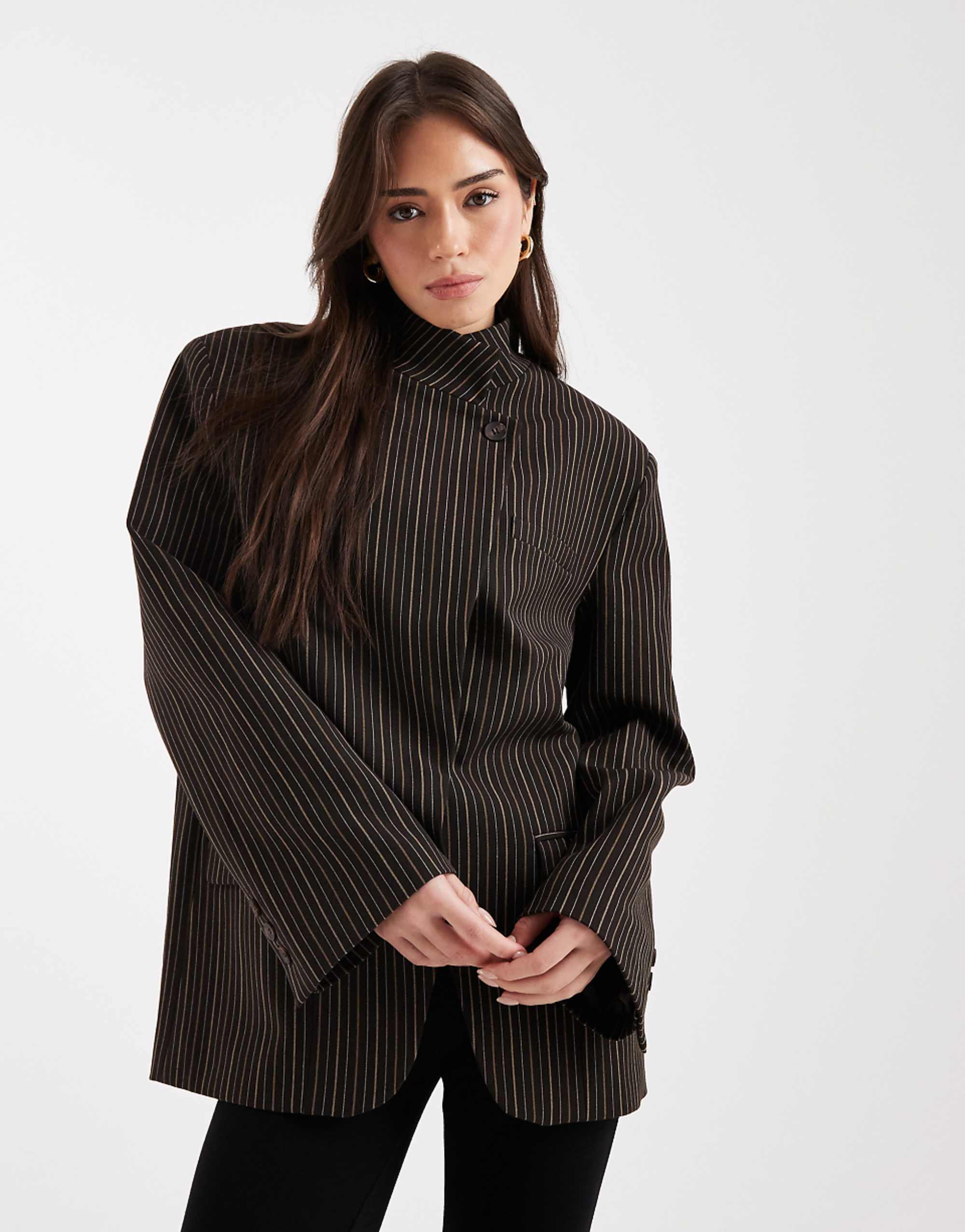 Asos Design Wrap Front Oversized Blazer in Brown Pinstripe