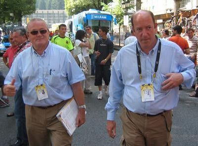 Retiring boss of the Tour de France JM Leblanc and his press chief Phillipe Sudres