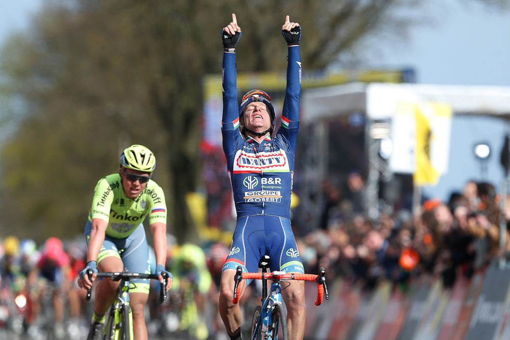 Enrico Gasparotto celebrates his 2016 win at the Amstel Gold race