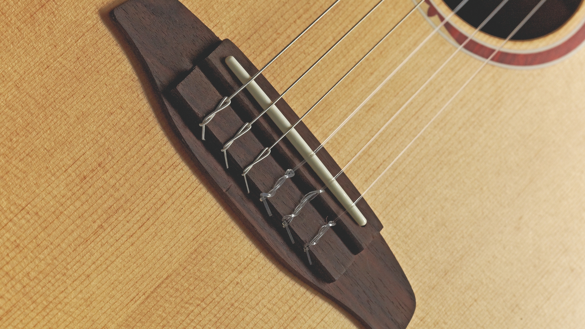 Close up of the bridge on a classical guitar