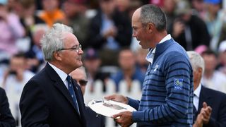 Matt Kuchar is presented with the Silver Salver at the 2017 Open