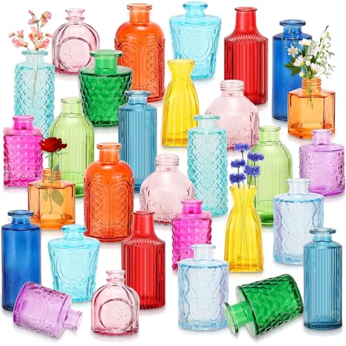 Yaomiao 30 Pcs Vases Bulk Colored Flower Glass Bud Vases Valentine Vintage Colored Glass Bottles Colorful Rustic Embossed for Home Wedding Table Decorations Gifts(bright Color)