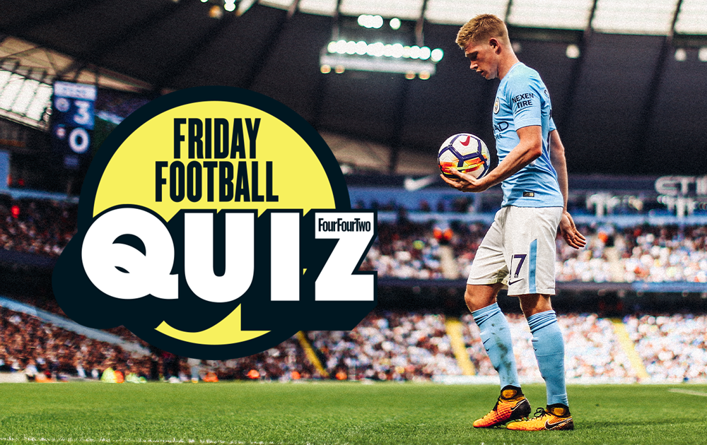 Kevin de Bruyne holds the ball while playing for Manchester City, next to a superimposed FourFourTwo Friday Football Quiz logo