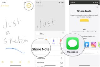 How to share your sketches from Notes on iPhone and iPad by showing: Tap Done on your note if not already, tap More, select Share, choose your Sharing Method