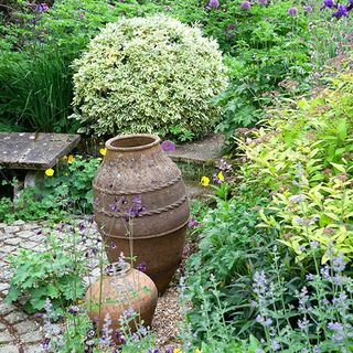 garden with rustic pots and plants